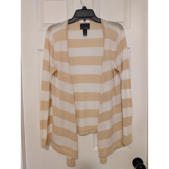 Cynthia Rowley Striped Knit Cardigan Sweater Open Front‎ Tan Cream L - Picture 1 of 6
